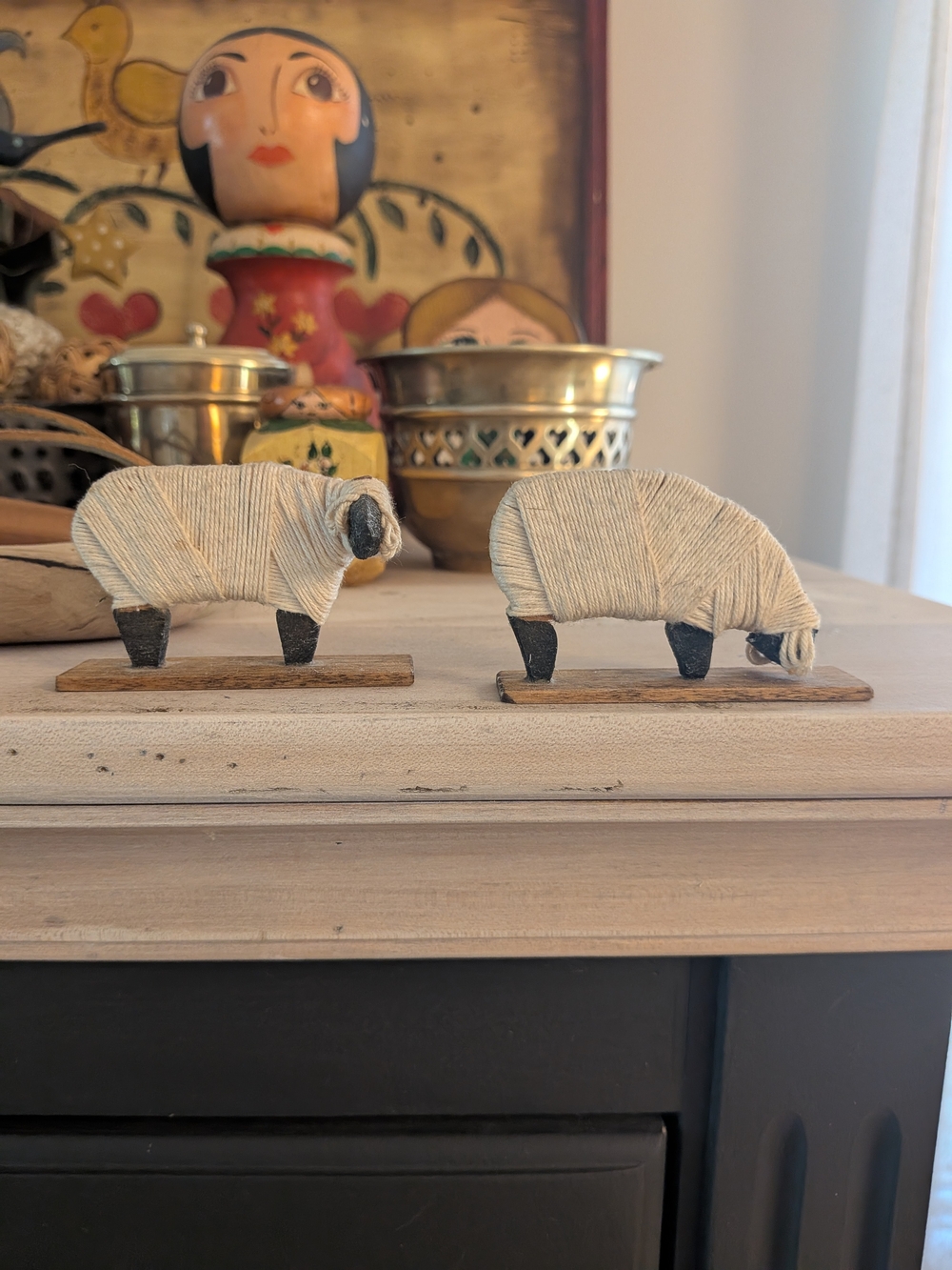 Twine Wrapped Sheep Figures Set 2 Wood Standing Grazing Folk Art Lambs